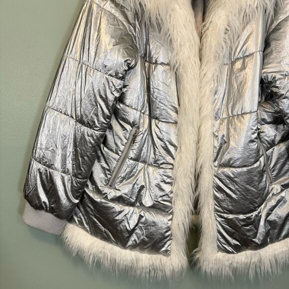 Donna Salyers Fabulous Furs Coat Women 2X Silver Metallic Hooded Faux Fur Puffer - Picture 9 of 12